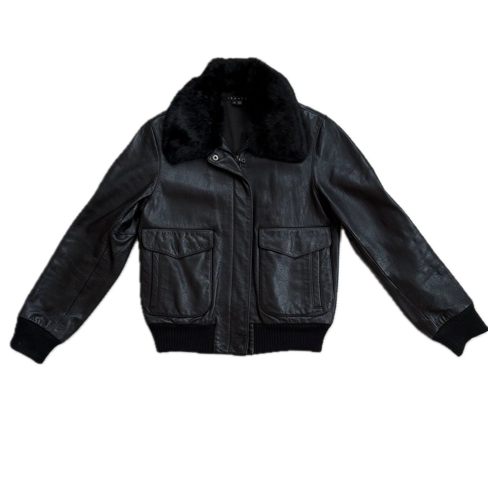 Theory Black Leather Jacket with rabbit Fur Collar